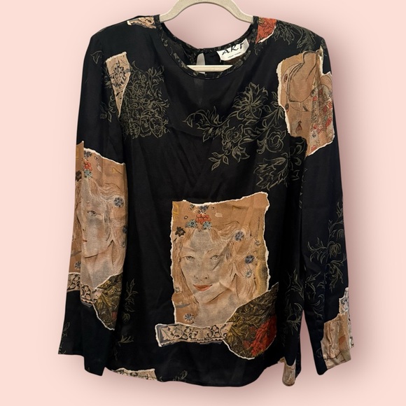 Vintage Made in USA Rayon Novelty Print Blouse with Faces and Carousel Horse - Picture 1 of 6